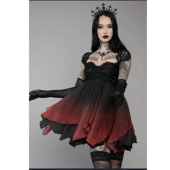 Dolls Kill Dresses & Skirts - Dolls Kill Unholy Black Red Ombre Lace Corset Babydoll Gothic Dress Med